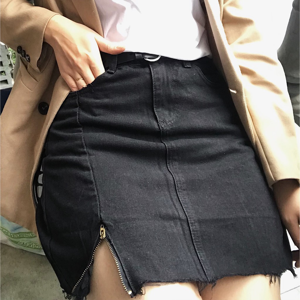 [#VJL2] Váy Jeans JEANSLA Đen Basic Khóa đùi lệch tua rua | BigBuy360 - bigbuy360.vn