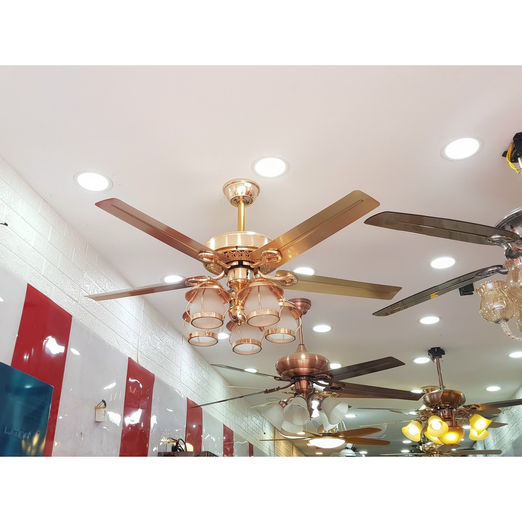 Quạt Trần Vàng 5 Cánh 5 Chao Đèn, Có Điều Khiển Từ Xa Nhiều Tốc Độ Gió Sử Dụng Phòng Khách, Ngủ, Bếp, Nhà Hàng..Tặng LED