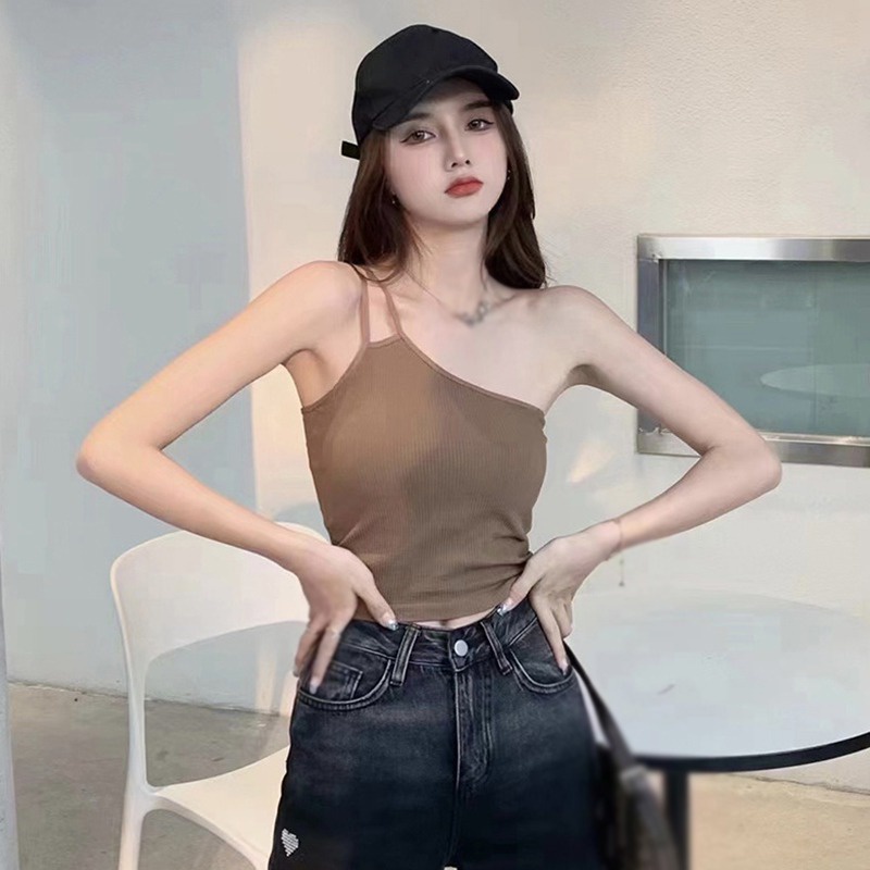 Áo Croptop Hai Dây Co Giãn Màu Trơn Có Đệm Ngực Mềm Mại Phong Cách Đường Phố Gợi Cảm Cho Nữ