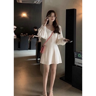Đầm cổ V tay dài nút bọc 2 màu (kèm hình thật)
