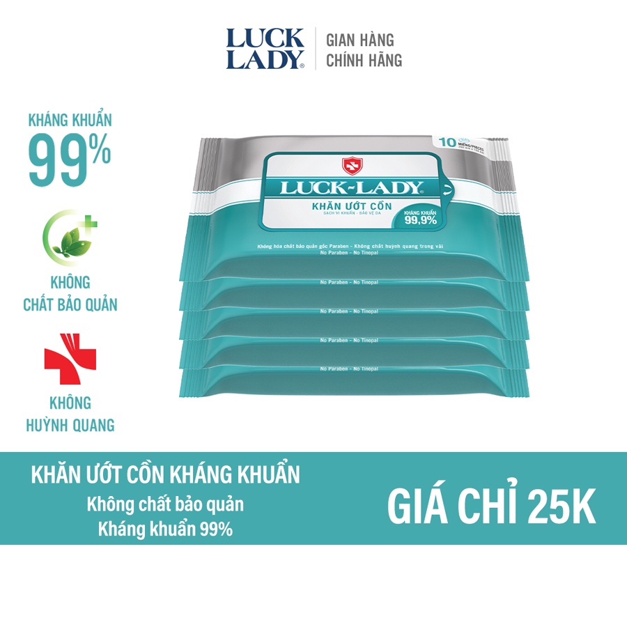 Khăn ướt cồn kháng khuẩn Luck Lady 10 tờ/gói - Combo 5 gói