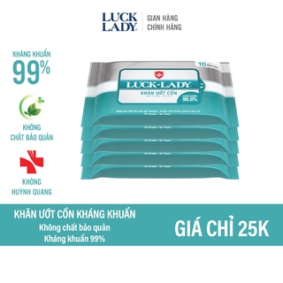 Khăn ướt cồn kháng khuẩn Luck Lady 10 tờ/gói - Combo 5 gói