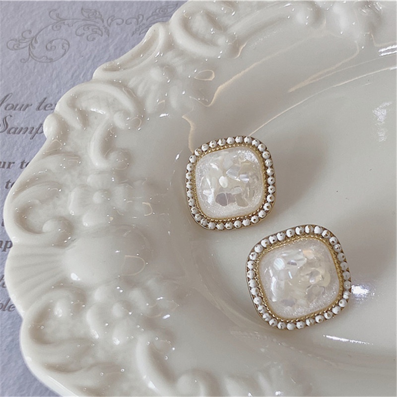 Bông Tai Mạ Bạc 925 Hình Vuông Đính Vỏ Sò Phong Cách Hong Kong Retro Nhật Bản