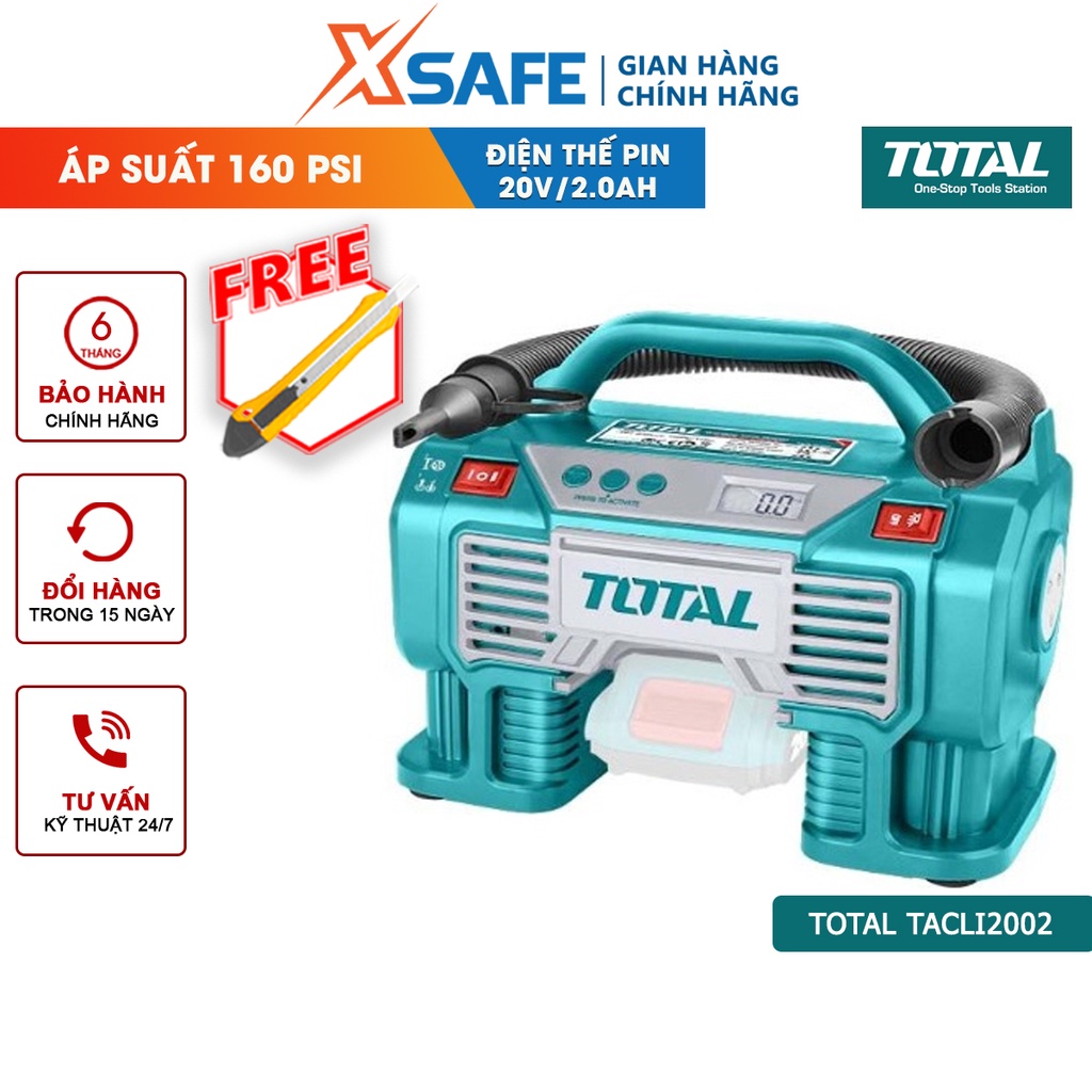 Máy nén khí tự động dùng pin TOTAL TACLI2002 áp suất tối đa 160PSI, kèm theo 3 đèn LED, không kèm theo pin sạc - xsafe