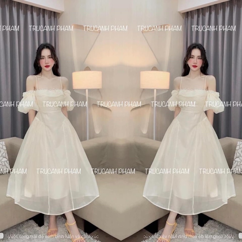 váy Tơ pha Ren ngực tay bồng hàng 2 lớp