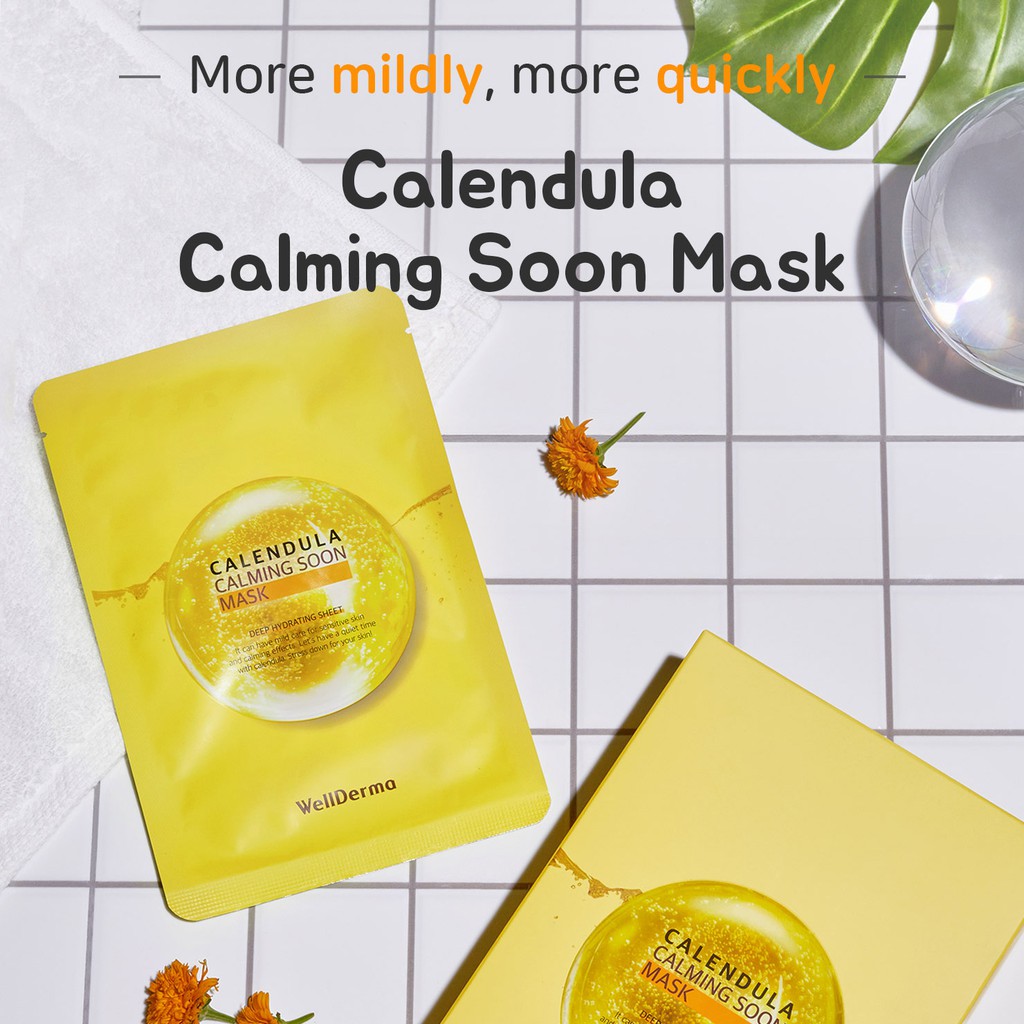 Hộp 10 miếng mặt nạ WELLDERMA thành phần hoa cúc cao cô đặc Wellderma Calendula Calming Soon Mask