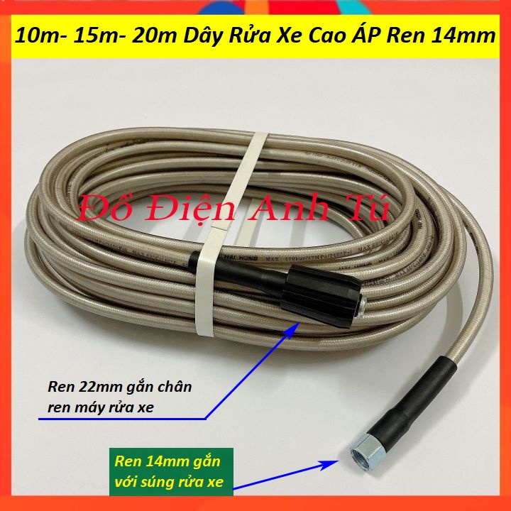 Dây Rửa Xe 10m,15m,20m Cho Máy Bơm Xịt Rửa Áp Lực Cao Ren Trong 14mm - dây xịt rửa xe áp lực cao loại tốt