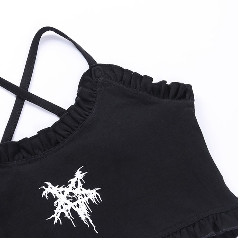 Áo hai dây croptop họa tiết hình ngôi sao viền nhún bèo phong cách Harajuku thời trang quyến rũ cho nữ