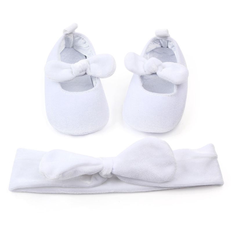 Bộ 2 món / bổ đôi giày tập đi bằng cotton phối nơ chống trượt + băng đô xinh xắn cho bé sơ sinh