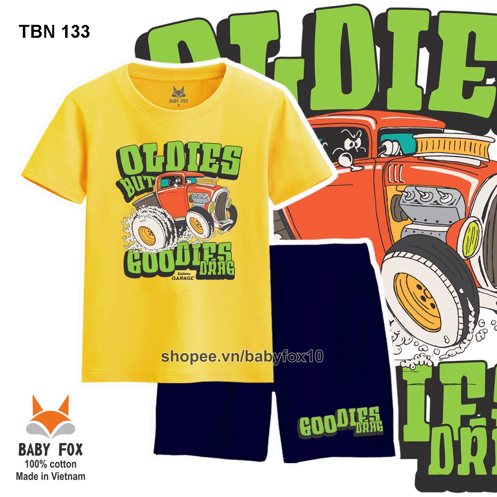 Bộ thun bé trai size nhỏ, trung, đại 100% cotton loại tốt, thương hiệu BABY FOX, hình xe hơi d