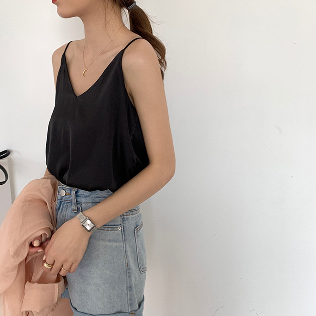 Áo hai dây nữ cổ tim vải dày không nhăn | Áo ba lỗ nữ hai áo 2 dây thanh lịch , sexy (freesize < 60kg) | BigBuy360 - bigbuy360.vn