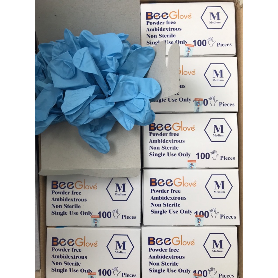 hộp 100 cái Găng tay Nitrile Bee glove size S, M, L, XL , màu xanh