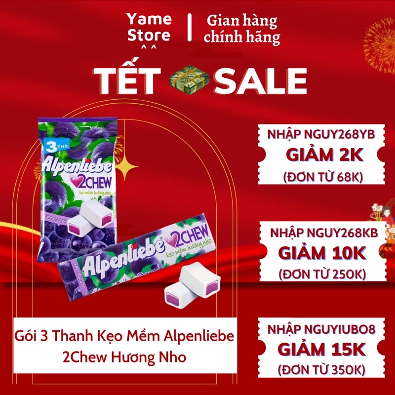 3 Thanh Kẹo Mềm Alpenliebe 2Chew Hương Nho, Dâu, Xoài Muối Ớt