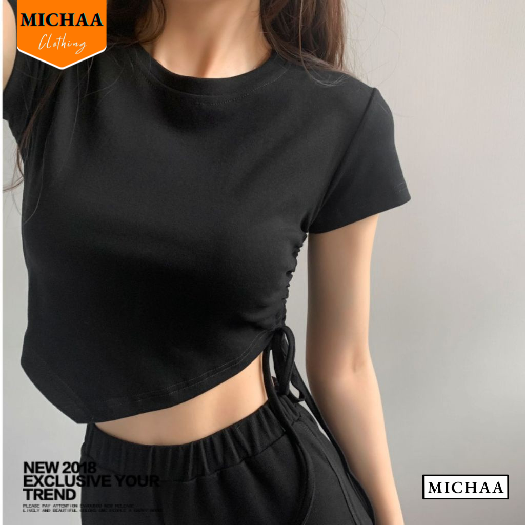 Áo Croptop CỔ TRÒN VẠT NHỌN Phối Dây Rút Nữ Phong Cách Cá Tính, Áo Thun Basic Tay Ngắn Chất Thun Borip MICHAA CR52