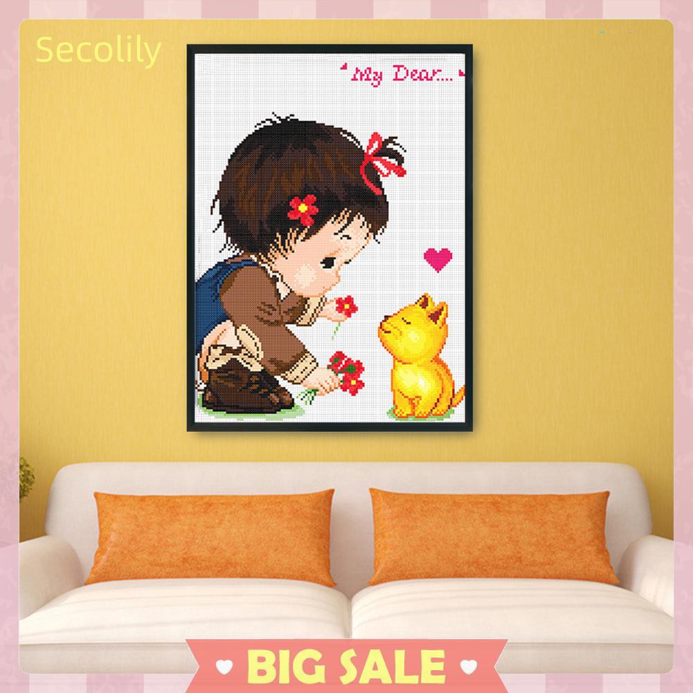 Tranh vải canvas thêu chữ thập hình bé gái và động vật dễ thương trang trí nhà ở 11Ct