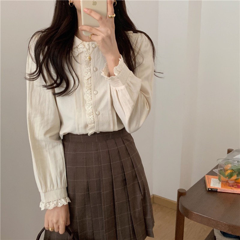 Áo sơ mi nữ  MORAN dài tay cổ bẻ tròn phối ren búp bê điệu đà tiểu thư style Hàn Quốc