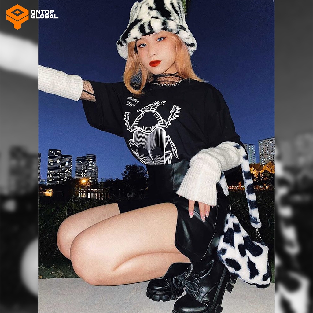 Áo thun local brand chính hãng tay lỡ form rộng nam nữ màu đen ONTOP - Khepra