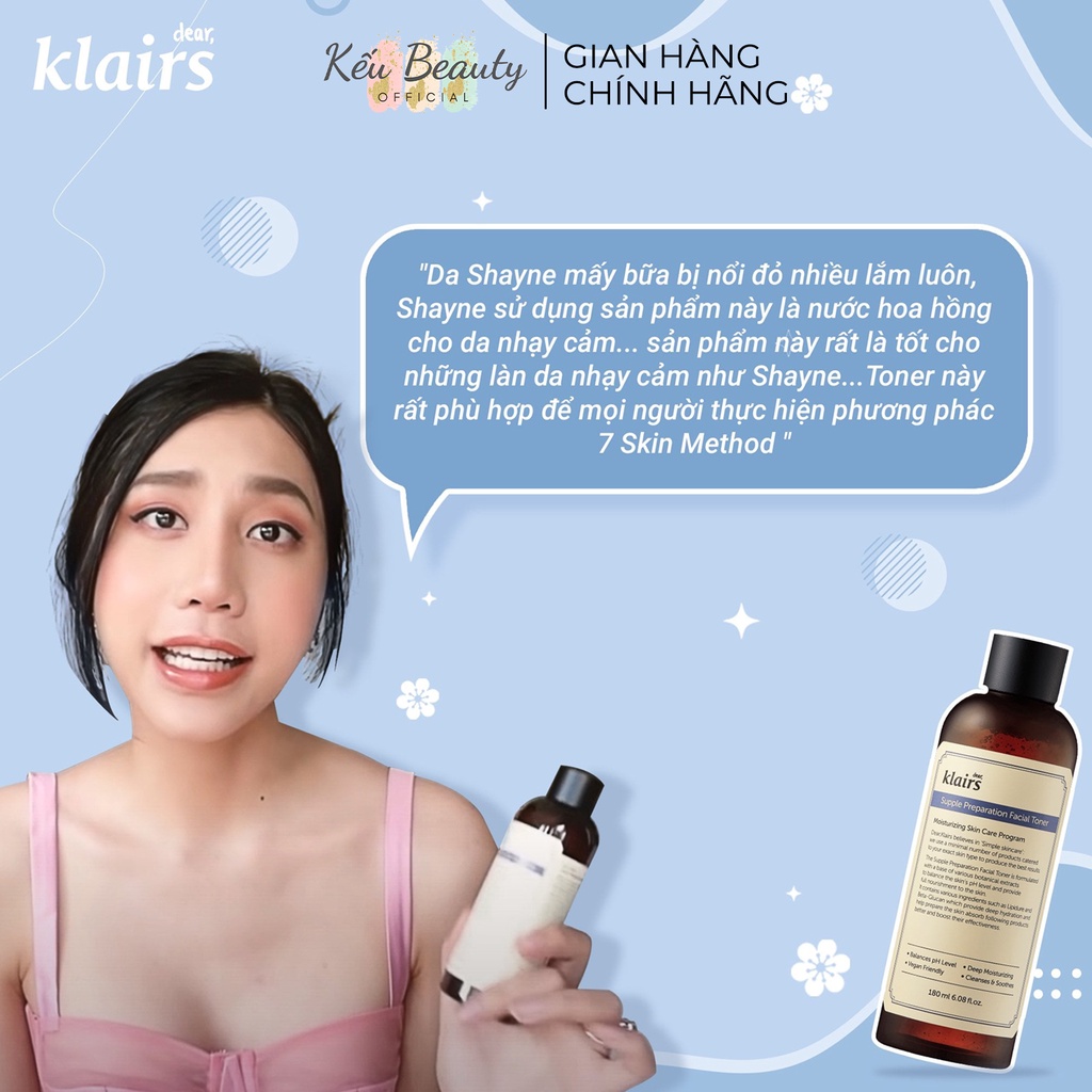 Nước hoa hồng Dear, Klairs Supple Preparation Facial Toner 180ml (Có Mùi)