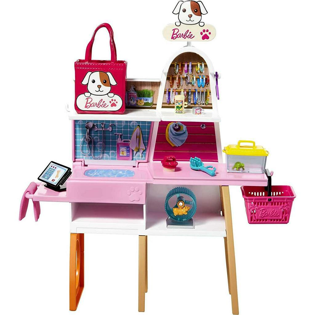 Barbie Doll and Playset, Pet Boutique with 4 Pets, Color-Change Grooming Feature and 20+ Themed Accessories GRG90 Búp Bê Barbie Và Thú Cưng Với 4 Thú Cưng Thay Đổi Màu Sắc Và Phụ Kiện 20 + Chủ Đề GRG90