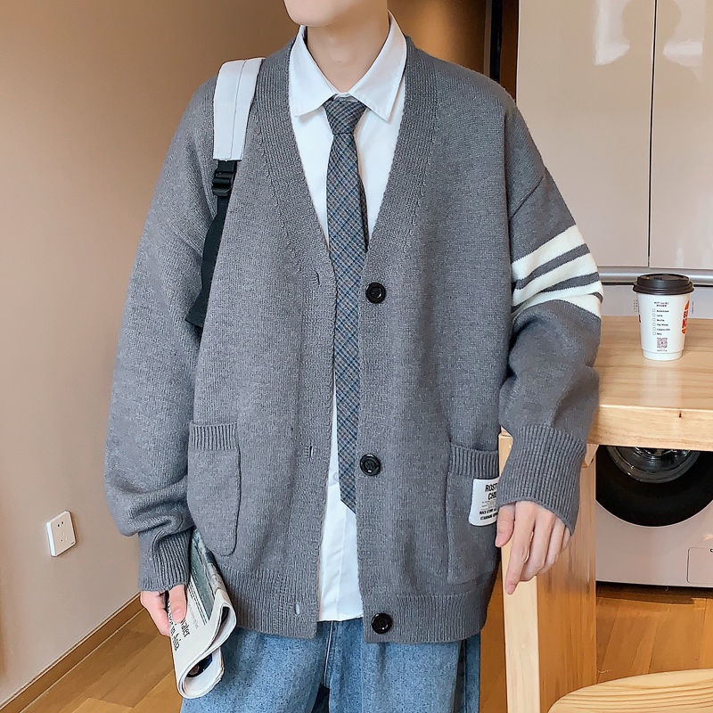 Áo khoác cardigan dáng rộng cổ chữ V phong cách mùa thu cho nam