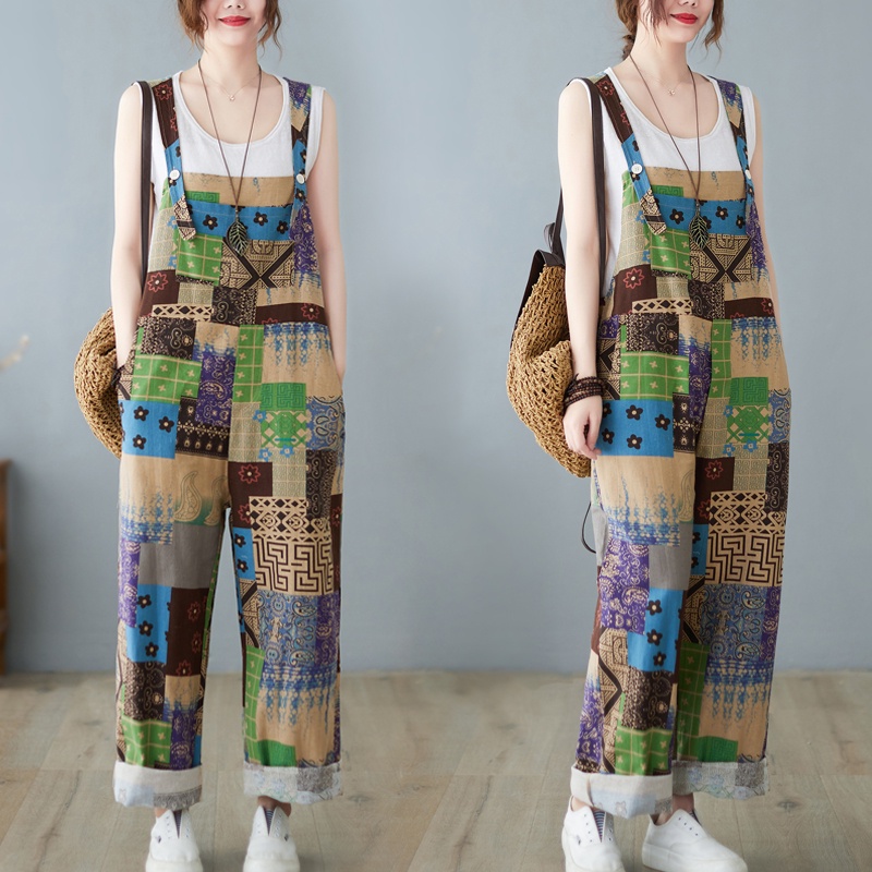 Bộ Áo Liền Quần Vải Lanh Cotton Cỡ Lớn In Họa Tiết Thổ Cẩm Kiểu Retro Thời Trang Hè Thu