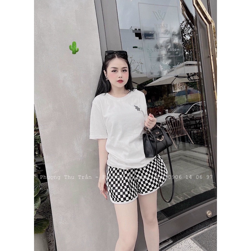 Sét bộ áo croptop thêu gấu caro phối quần đùi caro cực xinh , chất thun coton mềm mịn pc