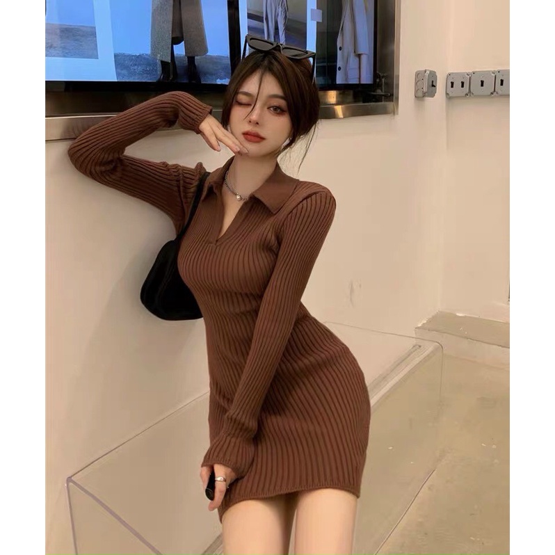 Đầm thun gân body cổ trụ dài tay