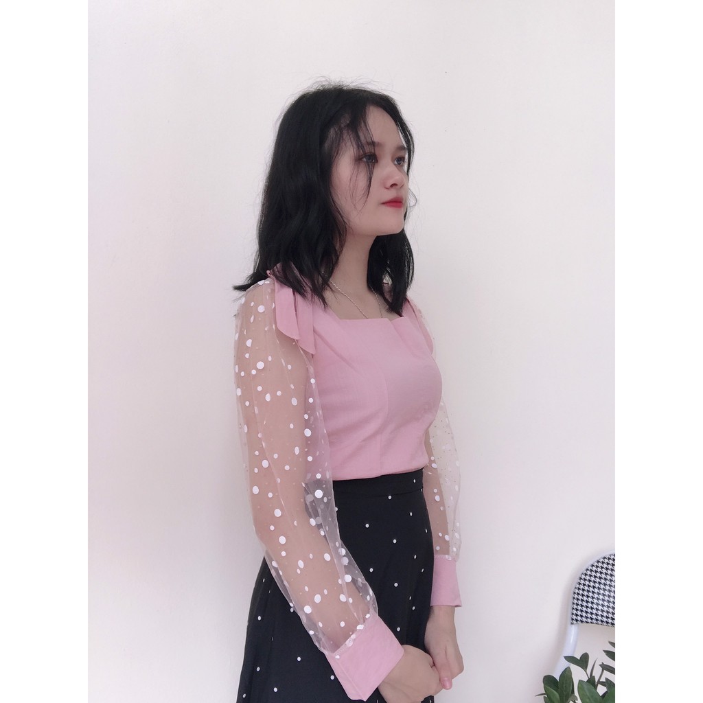 Áo kiểu cổ vuông phối tay ren chấm bi,đính nơ xinh xắn MSA3 cho bạn nữ ( ảnh thật)