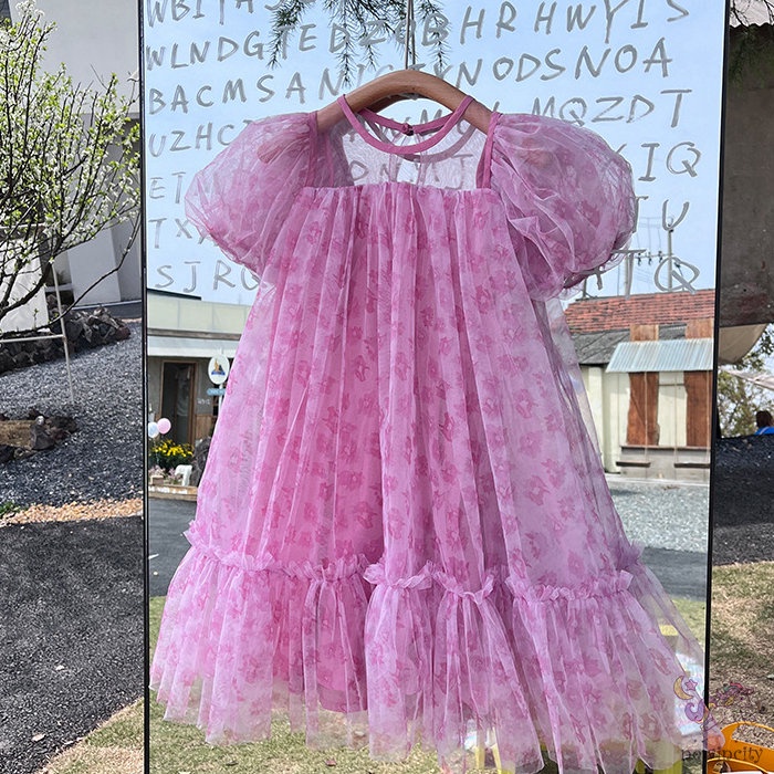 Đầm Công Chúa Phối Lưới Họa Tiết Hoa Phong Cách Hàn Quốc Dễ Thương Thời Trang Mùa Hè Cho Bé Gái