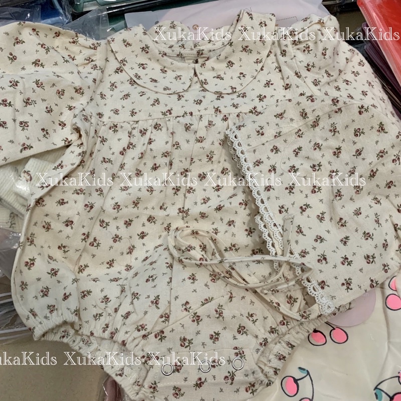 Bodysuit Dài Tay Cổ Sen Kèm Mũ Hoa Nhí [Jennybebe] Bodysuit Hoa Nhí Cho Bé [Ảnh Thật]
