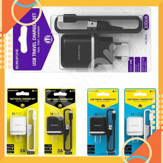 BỘ SẠC NHANH BOROFONE BA25,BA25A (2 USB) CỔNG MICRO-USB,ip,TYPE-C[SALE]