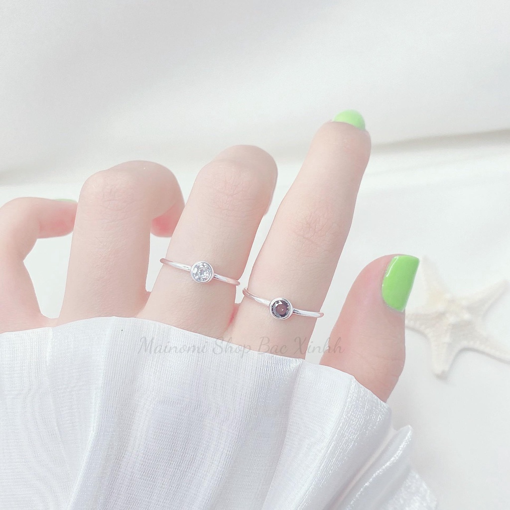 Nhẫn basic trơn đá tròn bạc ta MAINOMI mã kèm quà tặng 2 màu đen trắng dáng freesize