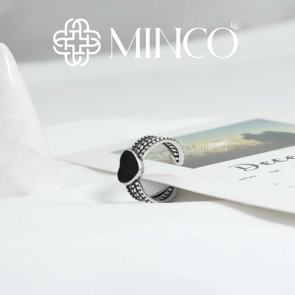 Nhẫn nữ đính đá đen trái tim phối xích Minco Accessories thiết kế free size phong cách cá tính NT102-2