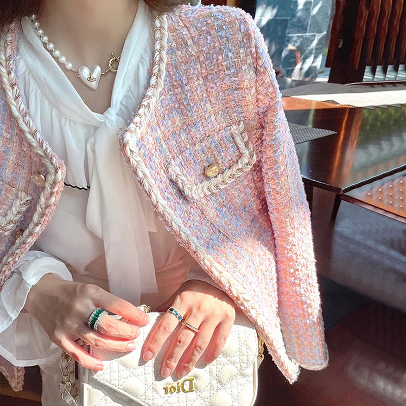 Áo Khoác Dạ Tweed Nữ Kiểu cardigan Khoác Ngoài Dài Tay Pink Thu Đông Tiểu Thư Sang Chảnh Công Sở Hàn Quốc Chali AD045