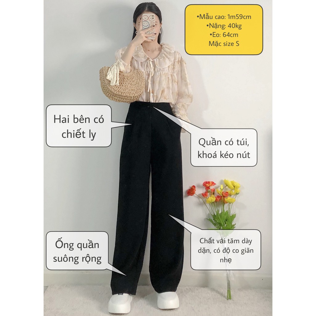 Quần culottes ống rộng suông dài chất dày cao cấp lưng cao cài nút Sun pant hình thật