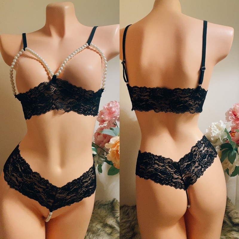 Bk031 - Bộ đồ lót gồm áo ngực và quần lót lọt khe phối ren xâu hạt phong cách babydoll gợi cảm  - Cẩm Lưu
