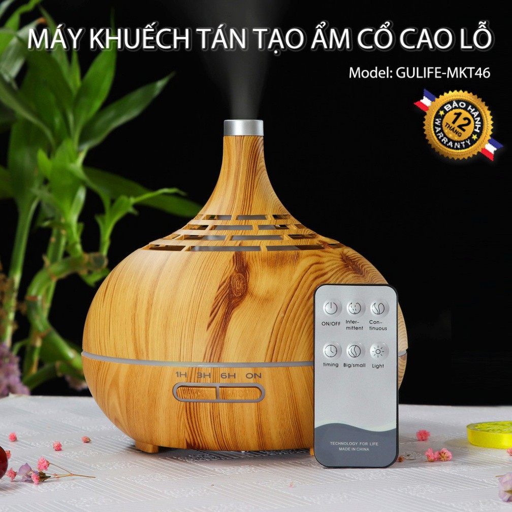 ✅ Máy Xông Tinh Dầu Phun Sương Tạo Độ Ẩm Cổ Cao Lỗ GULIFE Có Remote Dung Tích 400ml - Tặng Tinh Dầu 10ml - MKT46