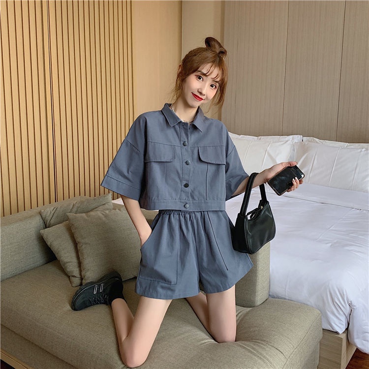 Set Áo Thun Tay Ngắn + Quần Short Ống Rộng Phong Cách Hàn Quốc Thời Trang Mùa Hè Cho Nữ