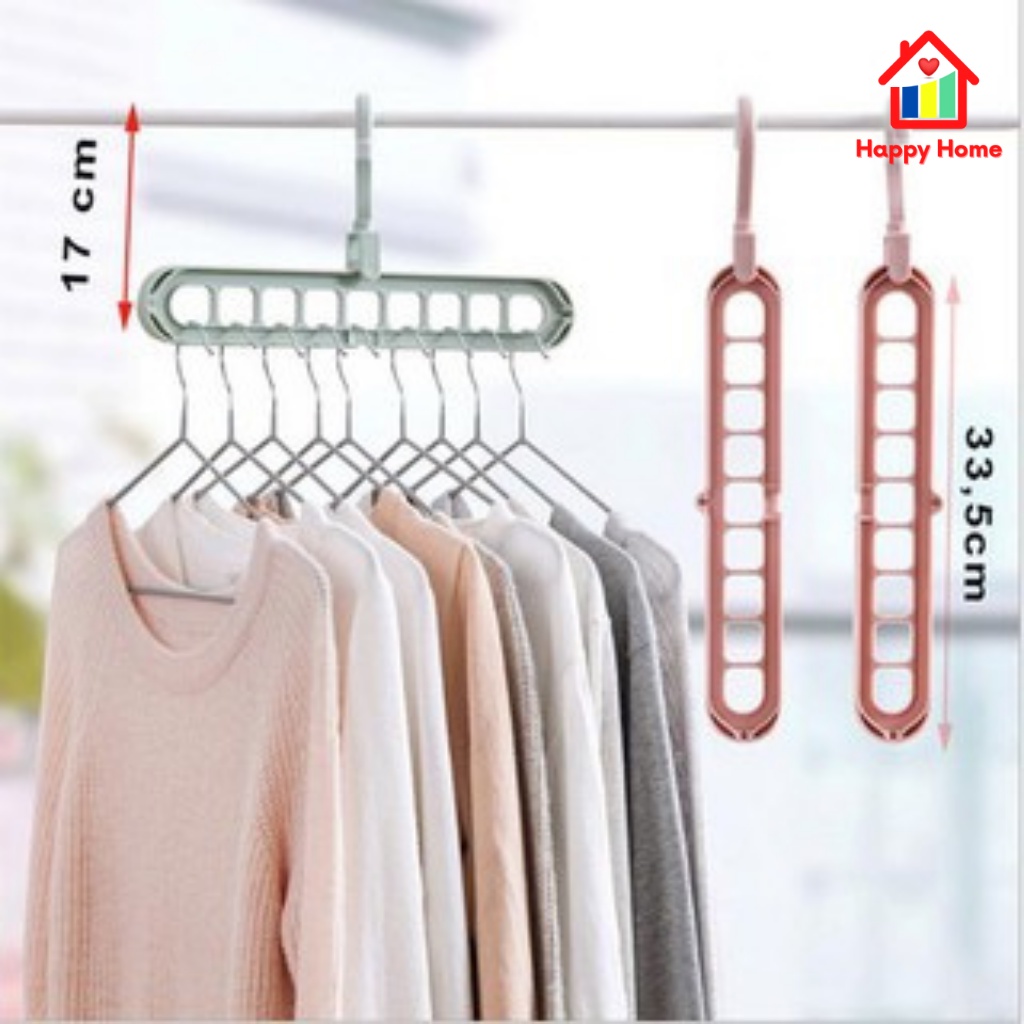 Móc treo đồ quần áo 9 lỗ thông minh xoay 360 độ siêu tiết kiệm không gian, Thanh treo nhiều áo Happy Home