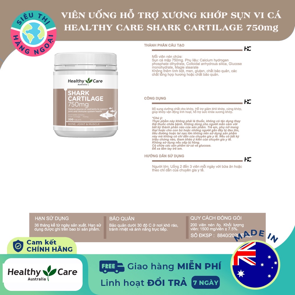 Viên sụn cá mập Healthy Care Shark Cartilage 750mg Úc Hộp 200 viên [Hỗ trợ điều trị các vấn đề về cơ xương khớp]