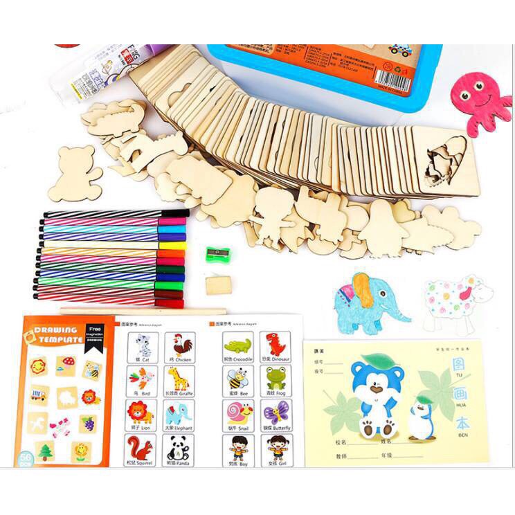 Đồ chơi giáo dục tập tô màu Bộ Khuôn hình gỗ an toàn cho bé tập vẽ gồm 48 chi tiết hoạt hình + Bút màu + Bút chì Kami