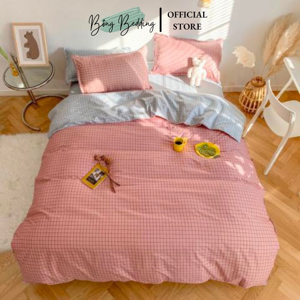 Bộ chăn ga Cotton Poly chăn ga Hàn Quốc Mẫu Kẻ đủ size miễn phí bo chun