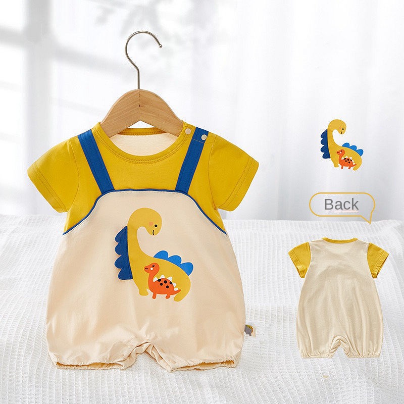 Áo Liền Quần Bằng Cotton Tay Ngắn In Hình Khủng Long Hoạt Hình Dành Cho Bé Trai Gái 0-18 Tháng Tuổi
