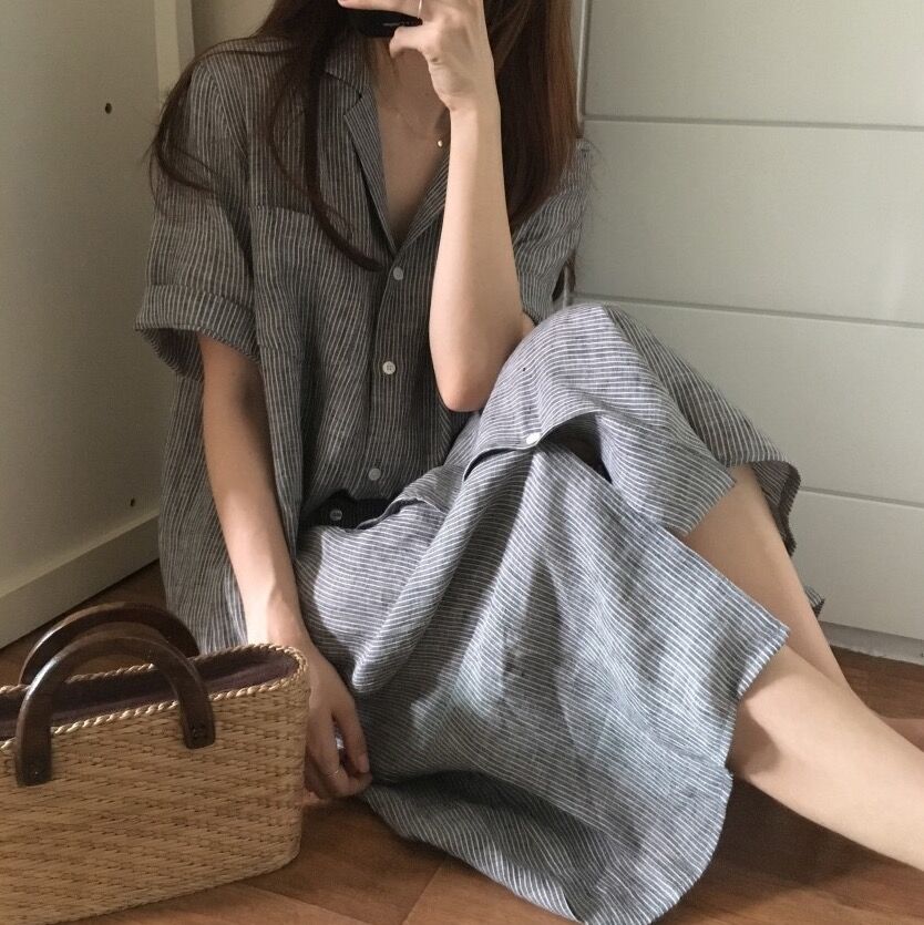 Đầm sơ mi kẻ sọc ngắn tay thời trang Hàn Quốc cho nữ