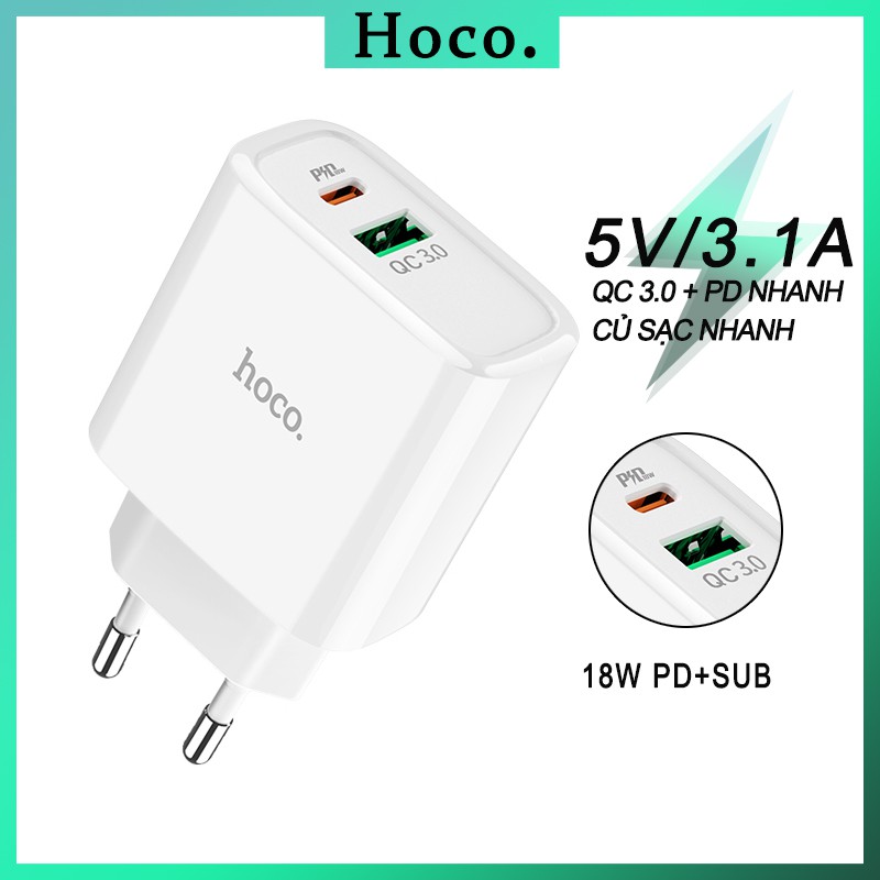 Củ sạc nhanh 2 cổng hoco c57a Cốc Sạc nhanh pd 18w qc 3.0 Cục Sạc chống cháy nổ hoco c57a