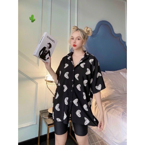 Áo sơ mi in hình trái tim phôm rộng PC