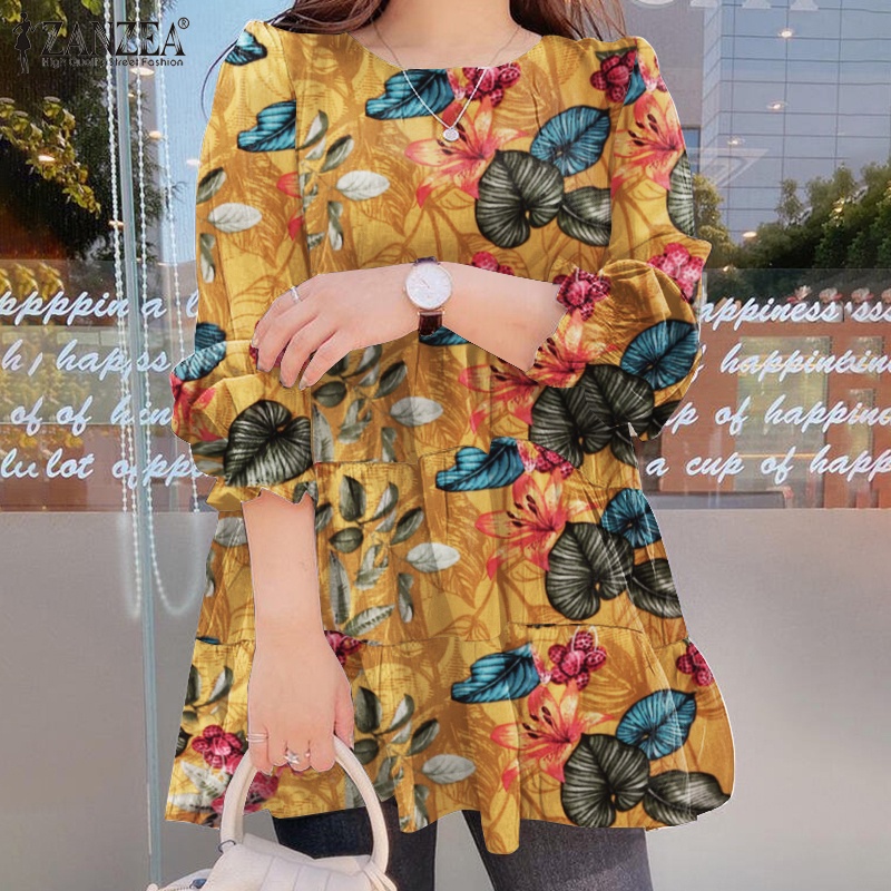 Áo kiểu ZANZEA dáng rộng tay dài cổ tròn lai nhún nếp in họa tiết đơn giản thời trang cho nữ