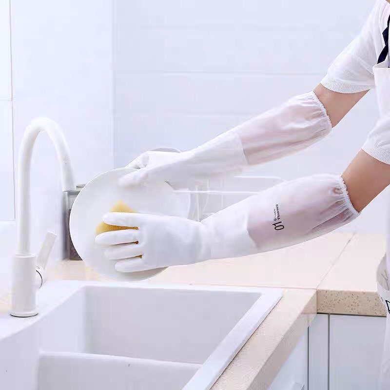 Găng Tay Cao Su Lót Nỉ Loại Dài Siêu Dai Cổ Hoa, Có Dây Chun Chống Tuột, Gang Tay Rửa Bát Giữ Ấm