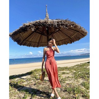 Đầm midi lụa thắt nút cột cổ