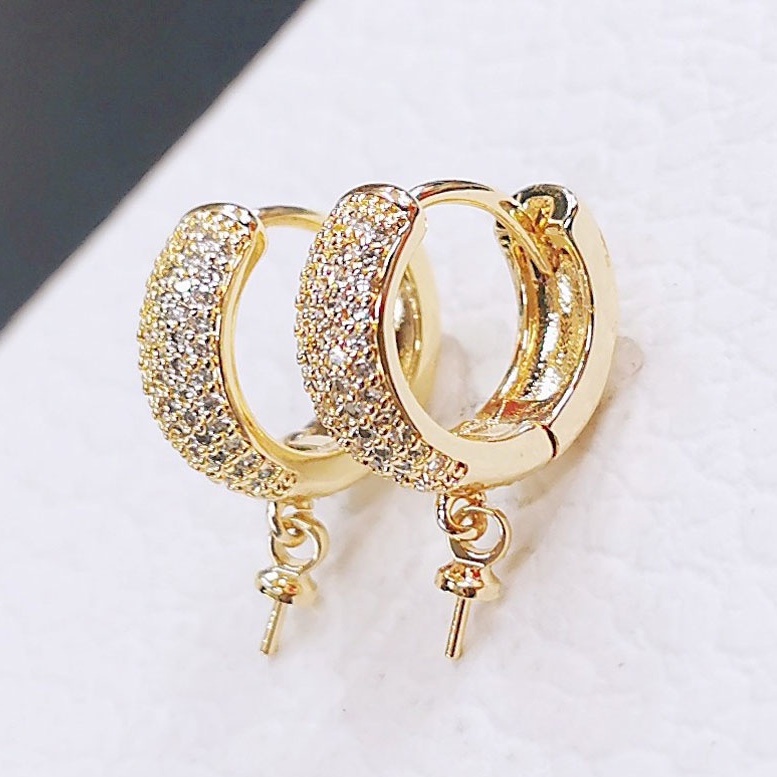 Phụ kiện trang sức (DIY) - Cặp (2) bông tai bạc trống hạt kiểu móc tròn nạm 4 hàng đá Zirconia